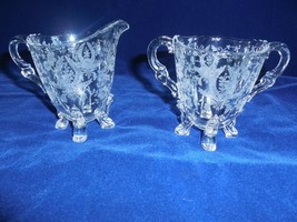  Martinsville Viking Glass PRELUDE  Floral Etched Creamer &amp; Open Sugar-disc - £39.55 GBP