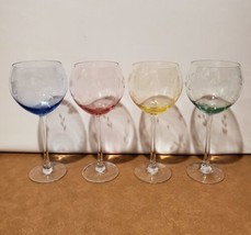 4 LENOX Butterfly Meadow Etched Balloon Wine Glasses Pink Blue Yellow Green - $64.35