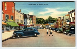 Winthrop Maine Main Street Linen Postcard Blue Automobiles Old Cars Unused - £7.08 GBP