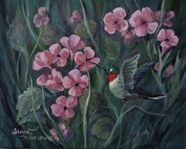 Hummingbird Red Throated after Nectar Original Oil by Irene Livermore - $185.00