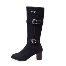 Women knee boots blue jeans cowboy booties chunky zipper buckle denim shoes mid- - £58.79 GBP