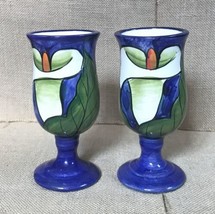 Hand Painted Calla Lily Small Goblet Set Pedestal South American Boho Cu... - $25.74