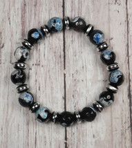 Fire Agate Glass Black Blue Faceted Stretch Bracelet Handmade 7.5&quot; - £18.30 GBP