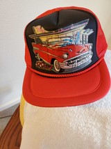 OLD VTG &#39;57 Chevy convertible 3-D graphics on a Red Trucker&#39;s mesh ball cap - £15.72 GBP
