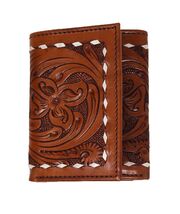 Men's Western Floral Tooled Buckstitch Handcrafted Leather Tri-Fold Wallet - $16.83