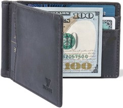 RFID Blocking Slim Mens Wallet Money Clip Finest Plain-Waxy Genuine Leather Grey - £68.29 GBP