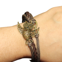 Brown Owl Infinity Charm Leather Braided Bracelet Adjustable - £8.67 GBP
