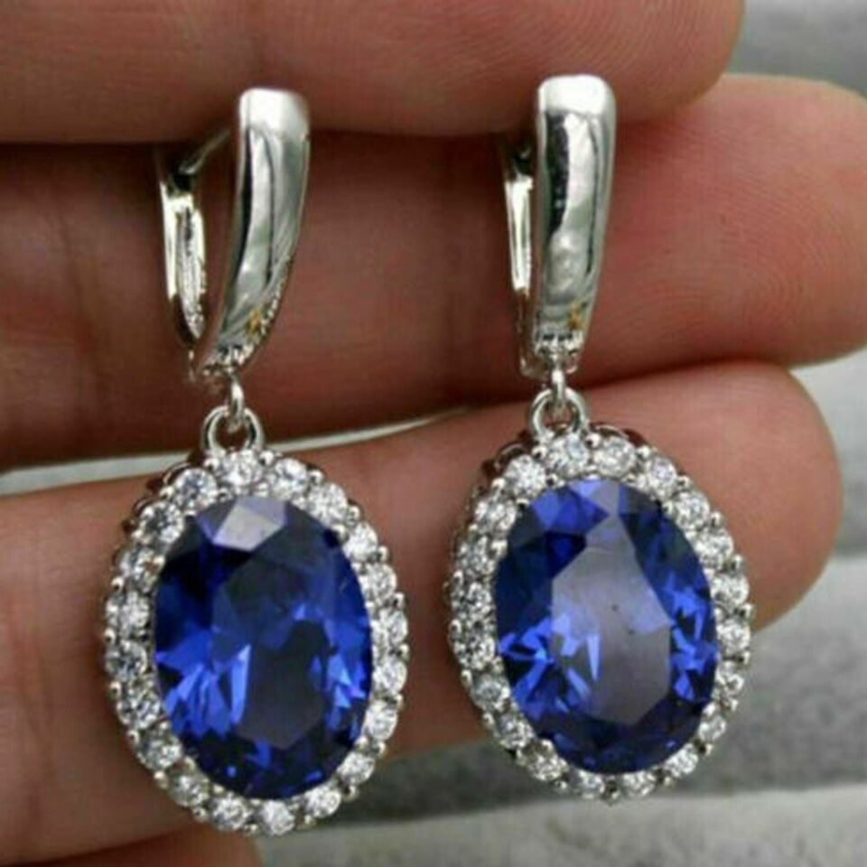 Primary image for 4CT Oval Simulated Blue Sapphire Diamond Halo Drop Hoop Earrings Sterling Silver