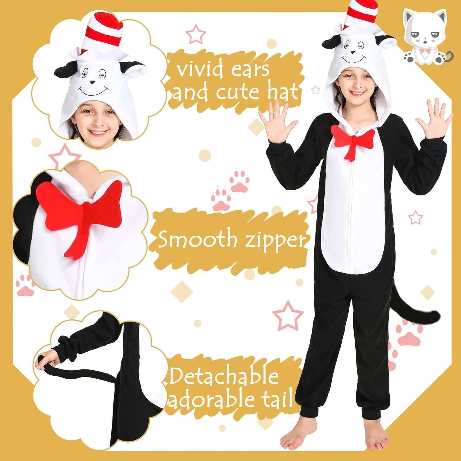 Cat in the Hat Costume Kids bodysuit Age 8 to 10 years Cosplay Detachable Tail Item image 2