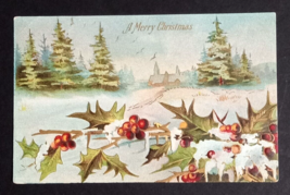 A Merry Christmas Snow Scenic View Fence w/ Holly Gold Embossed Postcard c1910s - £6.40 GBP