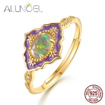 925 Sterling Silver Adjustable Rings For Women Natural Opal Purple Enamel Gold P - £26.26 GBP