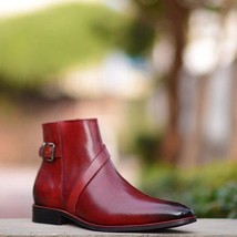Burgundy Jodhpurs Burnished Toe Rounded Buckle Strap Genuine Leather Ankle Boots - £115.09 GBP