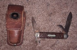 CAMILLUS NEW YORK USA 3 BLADE FOLDING POCKET KNIFE W/ Damaged Leather Case - £66.16 GBP