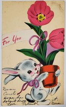 Handmade Hand Cut Die-cut Applique Rabbit Flower Pot Randolph MA Postcard C24 - £10.18 GBP
