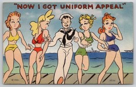 Risque Humor Sailor With Uniform Appeal Sexy Beach Girls Linen Postcard U22 - £7.95 GBP