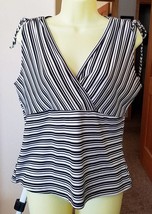 black &amp; white stripes top blouse womens sz Large shirt V neck sleeveless... - £5.48 GBP