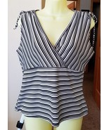 black &amp; white stripes top blouse womens sz Large shirt V neck sleeveless... - £5.58 GBP