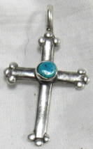 Vintage Native American Sterling Silver  Blue Turquoise Cross 1 1/4&quot; Pendant - £11.67 GBP