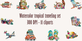 Watercolor Tropical Traveling Watercolor clipart set, Traveling PNG Clip... - £7.70 GBP