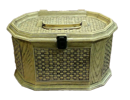 Lerner Yellow Antiqued Faux Wood Woven Look Plastic Sewing Box Lift-Out ... - $25.00