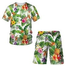 Beach Hawaiian Style Men&#39;s Suit Flamingo Pine Fruit Print T-shirt + Shorts Fashi - £63.33 GBP