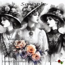 Edwardian Ladies, Printable Wall Art, Black and White, Flowers, Home Decor - £3.89 GBP