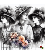 Edwardian Ladies, Printable Wall Art, Black and White, Flowers, Home Decor - £3.91 GBP