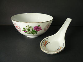 Vintage Chinese Bowl &amp; Spoon White with Flowers &amp; Gold Gilt - $14.99