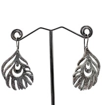 Earrings Pierced Drop Silver Tone Peacock Feathers Look - $8.91