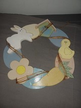 12” EASTER Wreath Spring Wooden Rabbit Flowers Duck Carrot Door Decor - $241.96 MXN