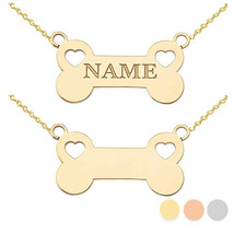 Personalized Name 10k 14k Solid Gold Dog Bone Sideways Heart Pendant Necklace - £150.88 GBP