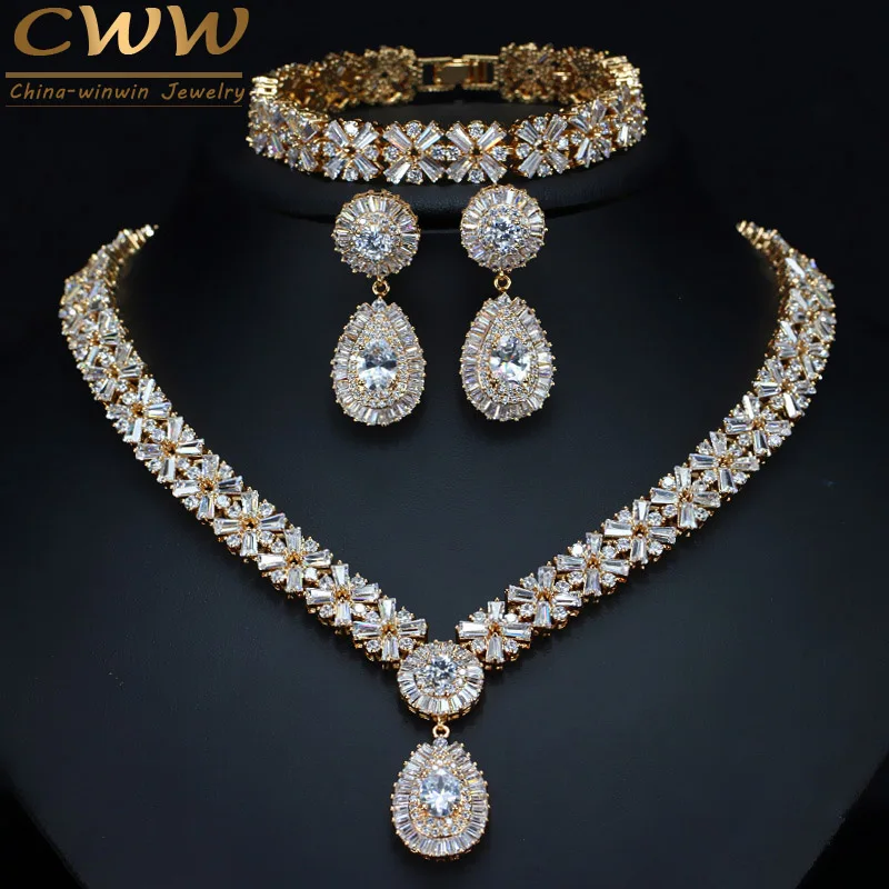 Exclusive Dubai Gold Plate Jewellery Luxury Cubic Zirconia Necklace Earring Brac - $94.59