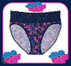 XXL Navy Retro Floral WideLace Waist Cotton Victorias Secret HighLeg Brief Panty - £8.68 GBP