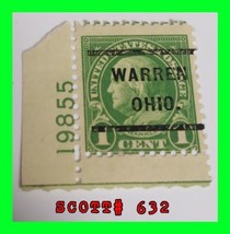 1927 US 1c Cent Franklin Stamp Green Precancel Warren Ohio Scott 632 w/ Plate #  - £19.54 GBP