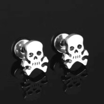 Men Silver Pirate Skull Crossbones Ear Stud Earrings Punk Rock Jewelry Gift - £7.17 GBP