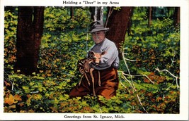 Man Holding Baby Deer St Ignace Michigan MI UNP Unused Linen Postcard L1 - $4.90