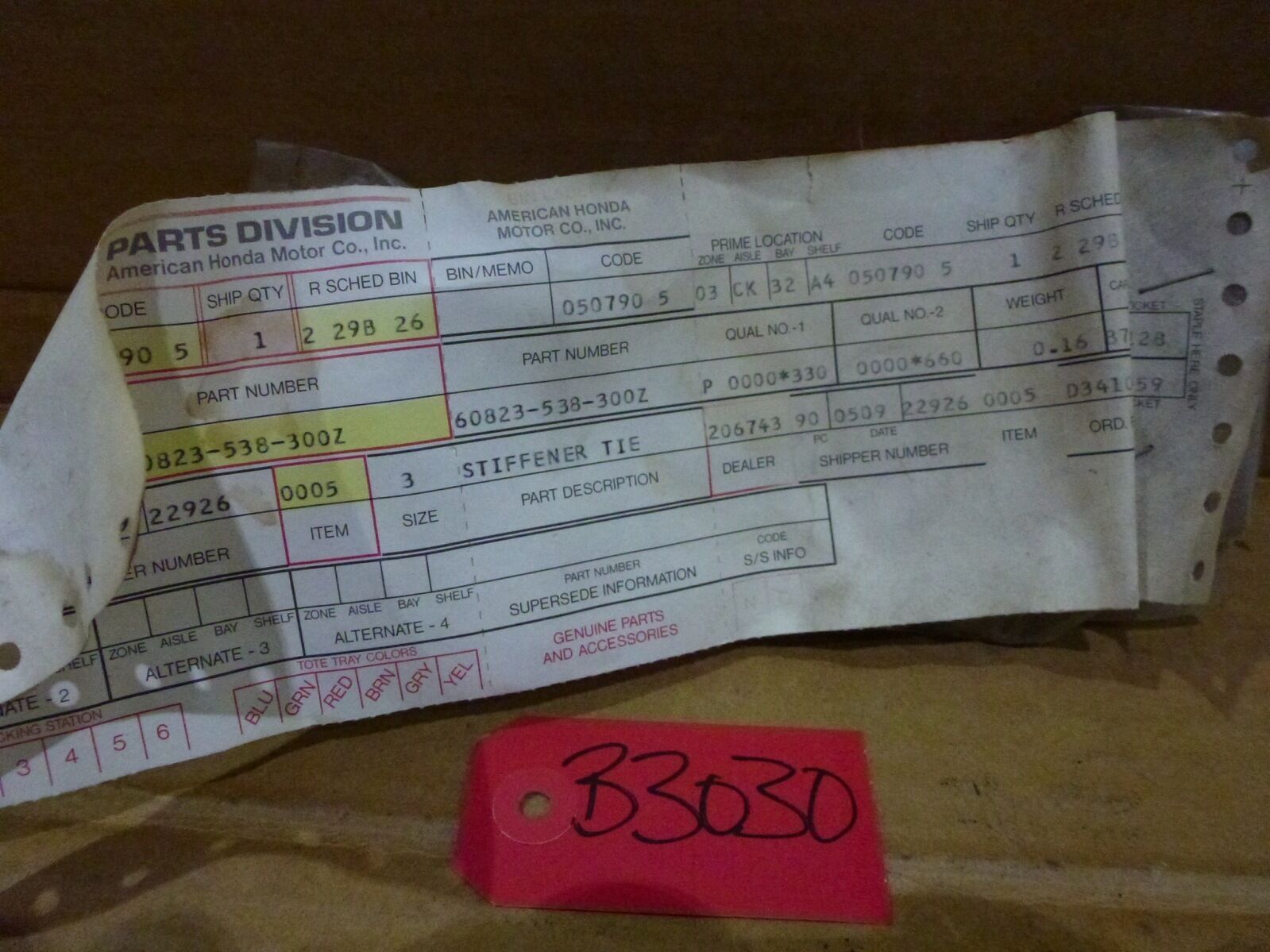 1970/72 Honda N600 Parts Stiffener Tie, Part #60823-538-300Z (NOS/NIB) - $81.00