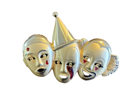 Brooch Clowns 3 Crying Circus Pin Goldtone Marked AJC Vintage 3.25&quot; x 2.5&quot; - £10.98 GBP