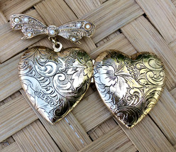 Gold Heart Bow Pin Locket, Vintage Accessory - £12.01 GBP