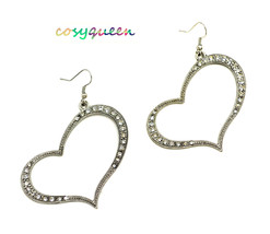 Women new silver diamante curved heart hook pierced earrings - $9,999.00