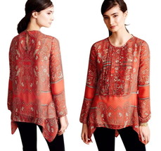 Anthropologie Paisley Tunic Top Small 2 4 Orange Woven Inserts Sheer + Cami NWT - £50.10 GBP