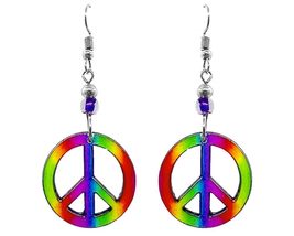 Peace Sign Earrings Hippie Symbol Graphic Dangles - Retro Fashion Handmade Jewel - $17.81