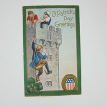 St. Patricks Day Postcard Men Castle Gold Horseshoe American Flag Antique 1909 - £7.82 GBP