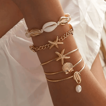 5x Boho Beach Starfish, Shell, Cowrie, &amp; Pearl Charm Bangles Bracelet Set - £9.46 GBP