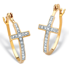 WHITE DIAMOND ACCENT TWO TONE CROSS HOOP EARRINGS GP 18K GOLD STERLING S... - $99.99