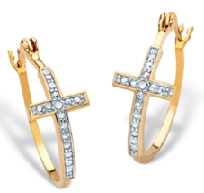 WHITE DIAMOND ACCENT TWO TONE CROSS HOOP EARRINGS GP 18K GOLD STERLING S... - £79.92 GBP