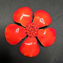 Vintage 60s Red Enamel Flower Power Brooch Pin Mod Retro Metal 3&quot; Bold S... - $26.24