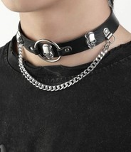 Mens black leather choker with chains and silver skulls - £9.75 GBP