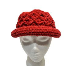Vintage Womens Red Knit Bucket Winter Hat Crocheted Acrylic Warm - $12.45