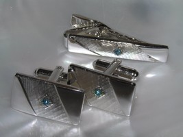 Vintage SARAH COV Signed Demi Silvertone with Blue Rhinestone Cuff Links &amp; Tie - £9.63 GBP